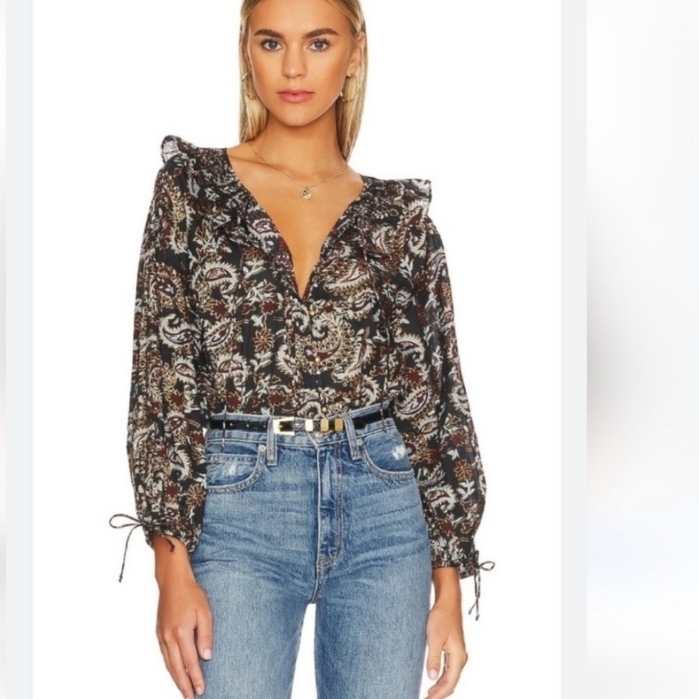 Cleobella Boho Sustainable Paisley Print Ruffle Collar Button Up Top